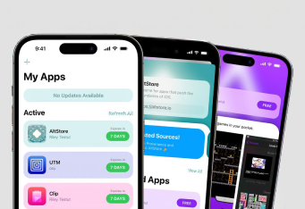 Close-up of iPhones displaying app management and third-party store interfaces